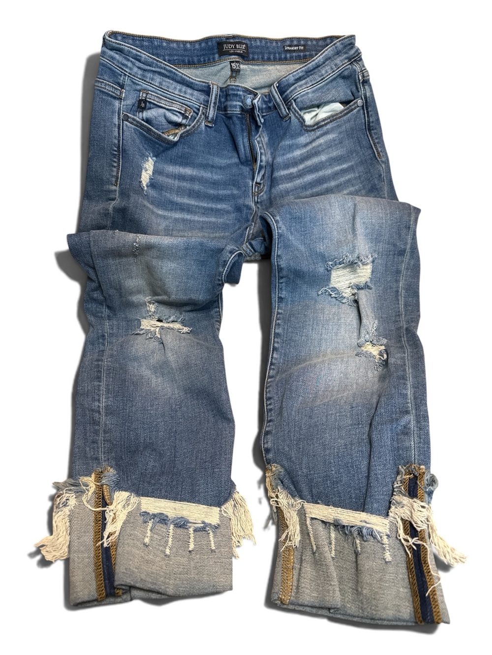 Judy Blue Straight Fit Light Blue Distressed Jeans with Frayed Cuffs
